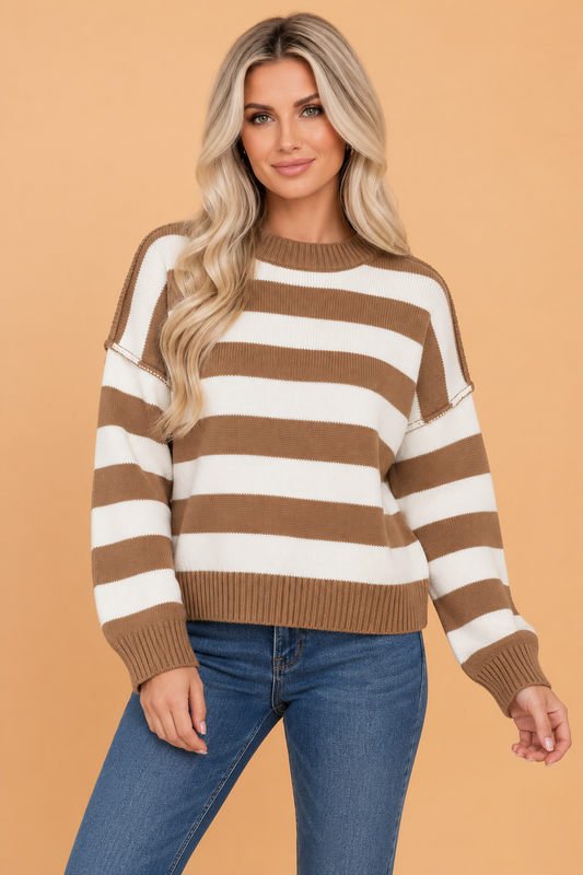 PRETTY BASH Stripe Exposed Seam Drop Shoulder Sweater