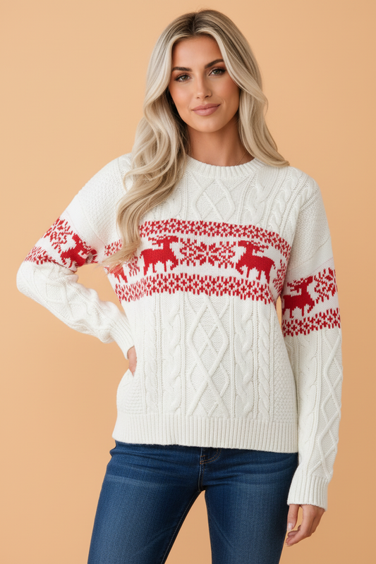 PRETTY BASH Christmas Reindeer Graphic Print Cable Knit Sweater
