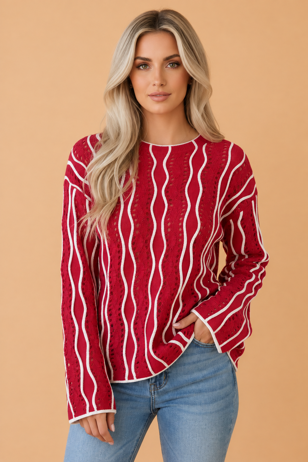 PRETTY BASH Colorblock Wavy Pointelle Knit Long Sleeve Sweater