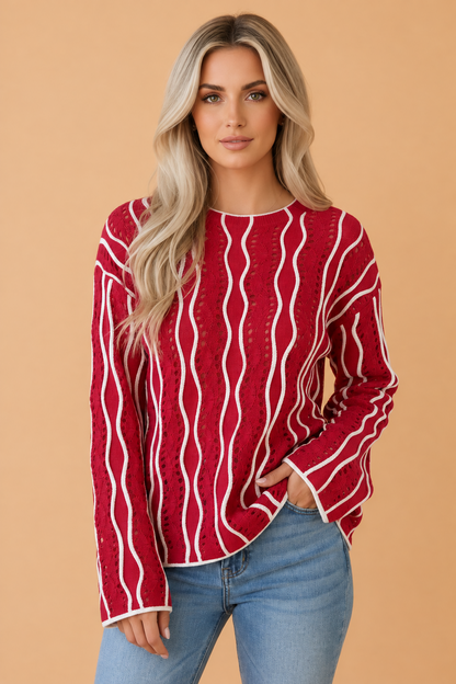 PRETTY BASH Colorblock Wavy Pointelle Knit Long Sleeve Sweater
