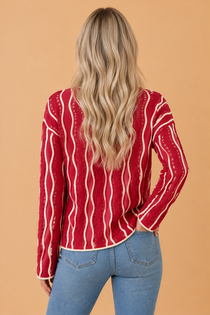 Wavy Stripe Pointelle Knit Long Sleeve Sweater