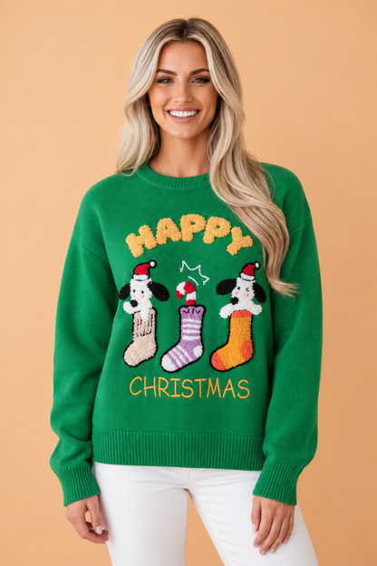 PRETTY BASH Christmas Dog Textured Patch Embroidered Sweater