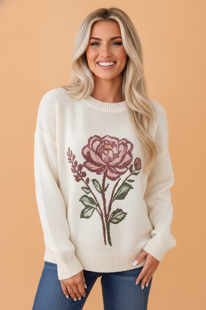 Western Floral Drop Shoulder Long Sleeve Sweater