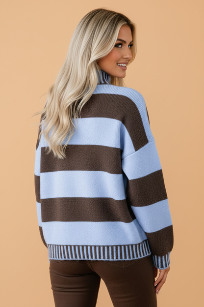 Stripe Contrast Mock Neck Drop Shoulder Sweater