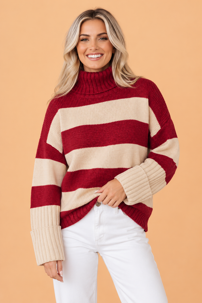 Stripe Ribbed Trim Turtleneck Drop Shoulder Sweater