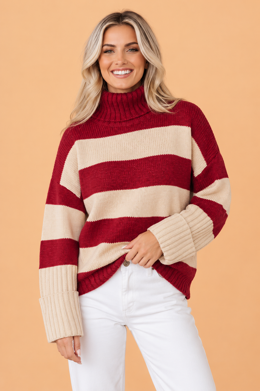 Stripe Ribbed Trim Turtleneck Drop Shoulder Sweater