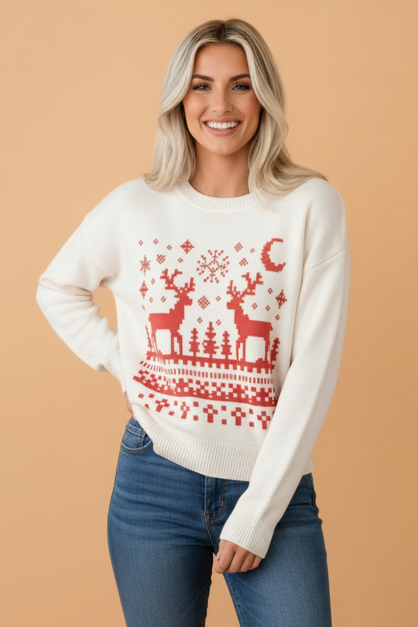 PRETTY BASH Christmas Snowflake Reindeer Round Neck Sweater 