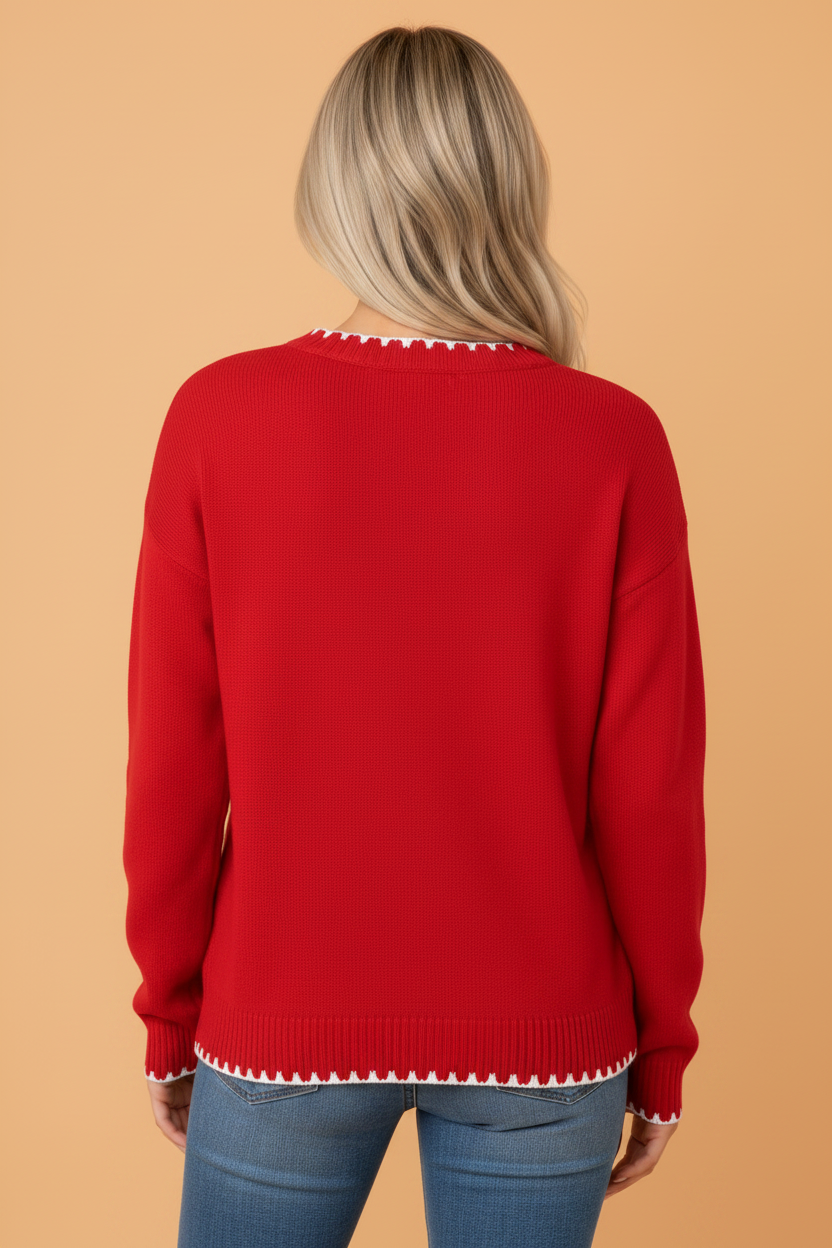 Christmas Tree Gingham Stitched Long Sleeve Sweater