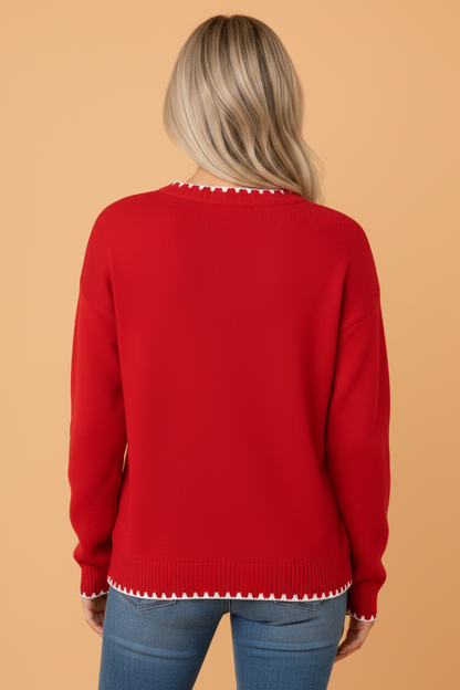 Christmas Tree Gingham Stitched Long Sleeve Sweater