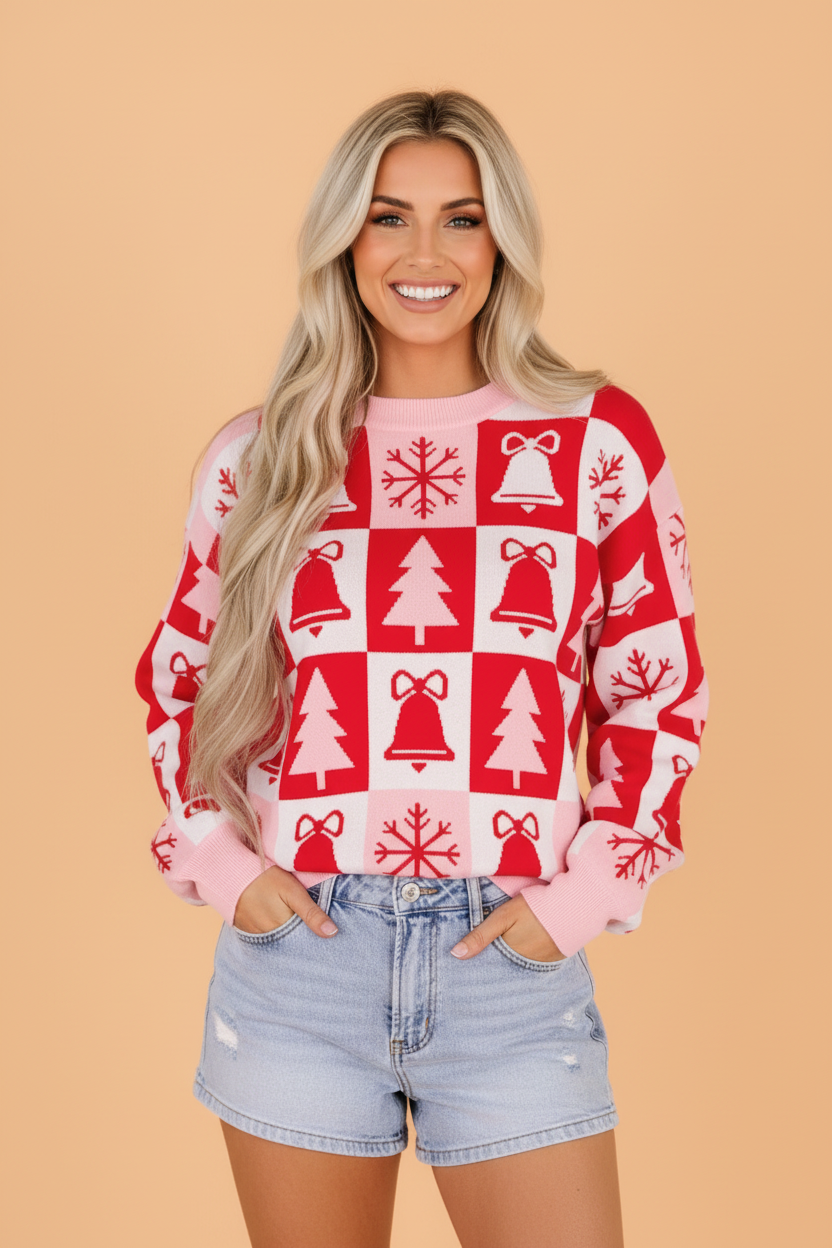 PRETTY BASH Christmas Checker Round Neck Long Sleeve Sweater