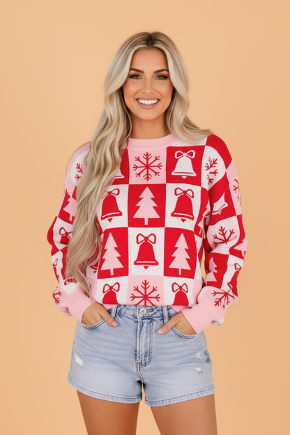 PRETTY BASH Christmas Checker Round Neck Long Sleeve Sweater