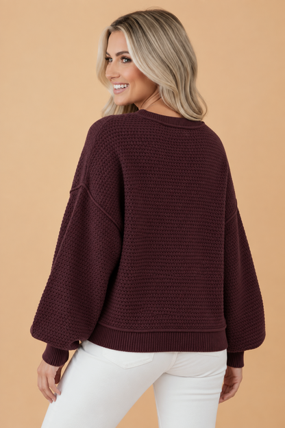Checker Colorblock Ribbed Trim Textured Knit Sweater