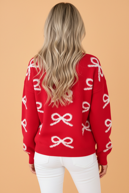 Bow Textured Drop Shoulder Round Neck Sweater
