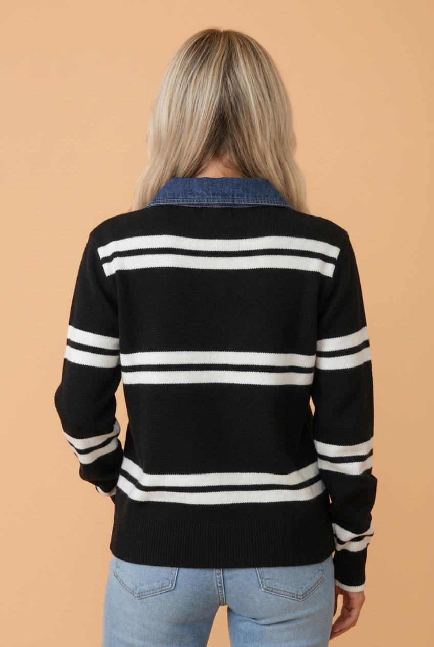 PRETTY BASH Stripe Denim Patchwork Polo Collar Knit Sweater