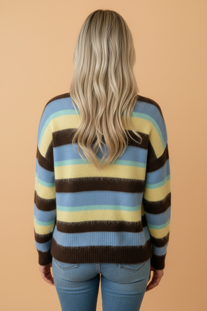 Stripe Fuzzy Knit Round Neck Long Sleeve Sweater