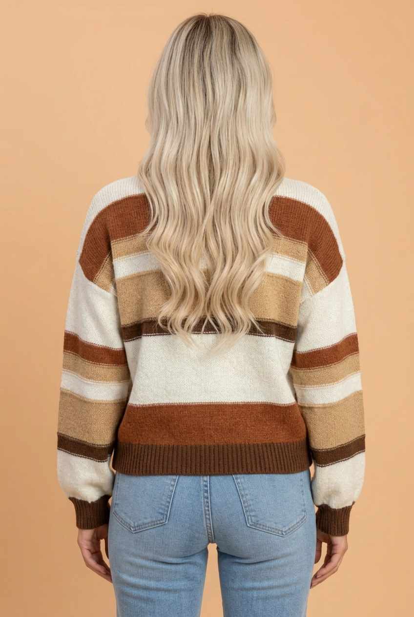PRETTY BASH Stripe Crew Neck Drop Shoulder Knit Sweater