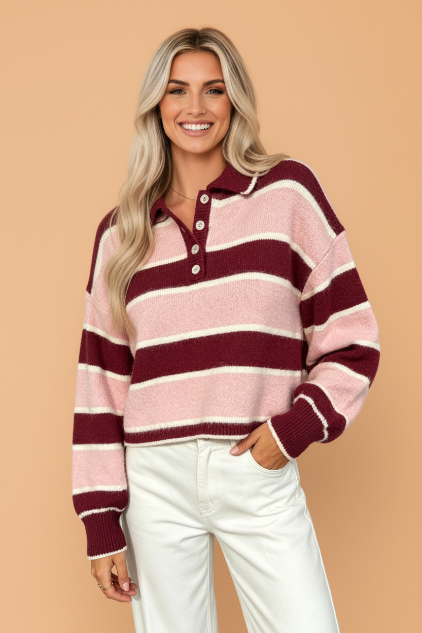PRETTY BASH Stripe Polo Collar Ribbed Cuff Knit Sweater