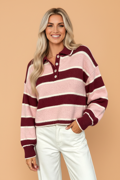 PRETTY BASH Stripe Polo Collar Ribbed Cuff Knit Sweater