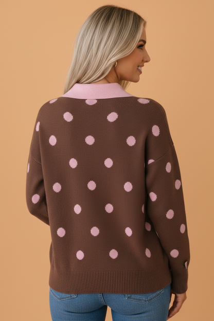 Polka Dot Colorblock Collared V-Neck Sweater