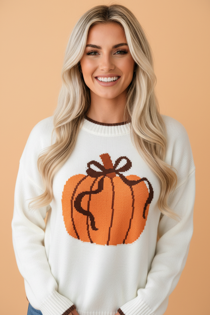 Pumpkin Contrast Trim Graphic Print Sweater