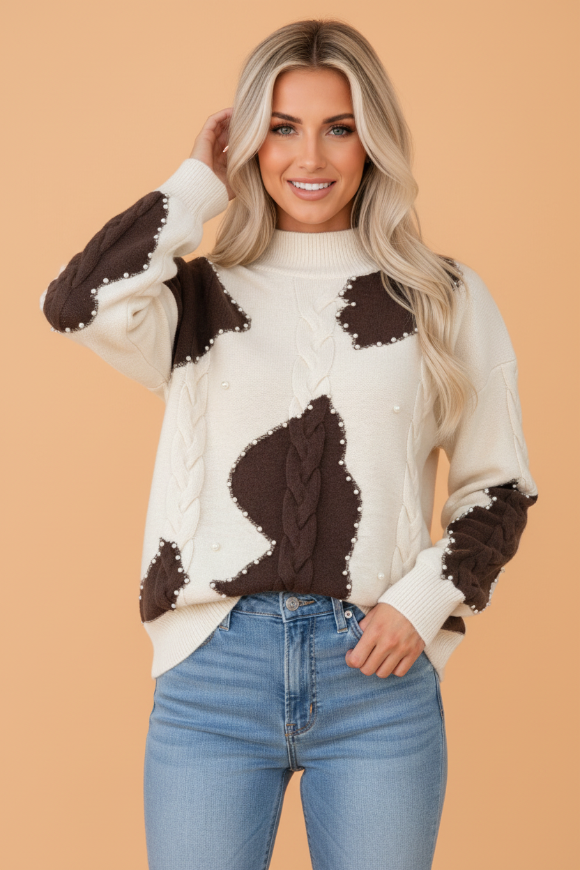 PRETTY BASH Western Cow Print Beaded Cable Knit Mock Neck Sweater