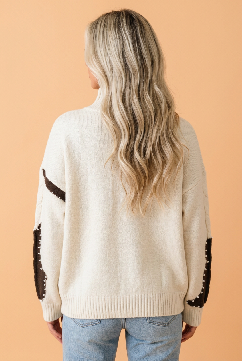 PRETTY BASH Western Cow Print Beaded Cable Knit Mock Neck Sweater