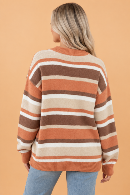 Stripe Ribbed Trim Drop Shoulder Sweater