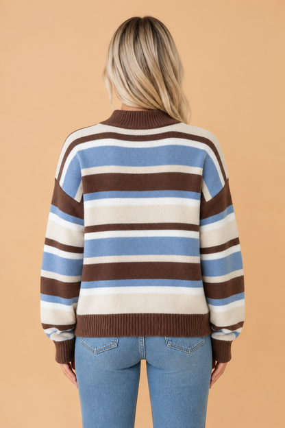 PRETTY BASH Stripe Ribbed Trim Drop Shoulder Loose Sweater
