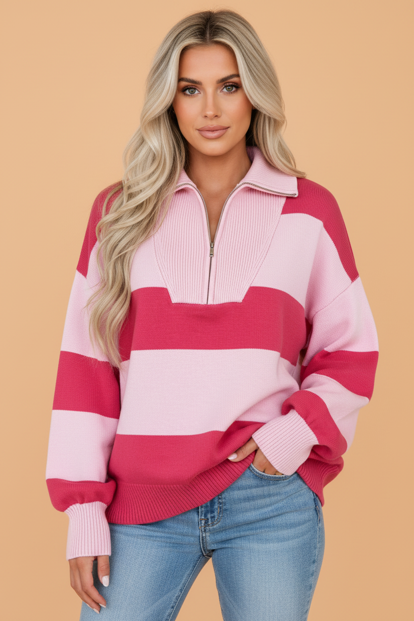 PRETTY BASH Stripe Colorblock Drop Shoulder Quarter-Zip Sweater