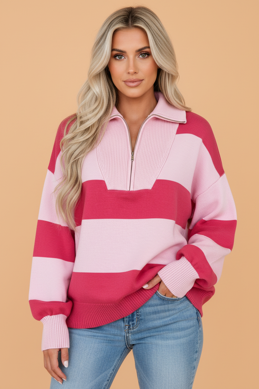 PRETTY BASH Stripe Colorblock Drop Shoulder Quarter-Zip Sweater