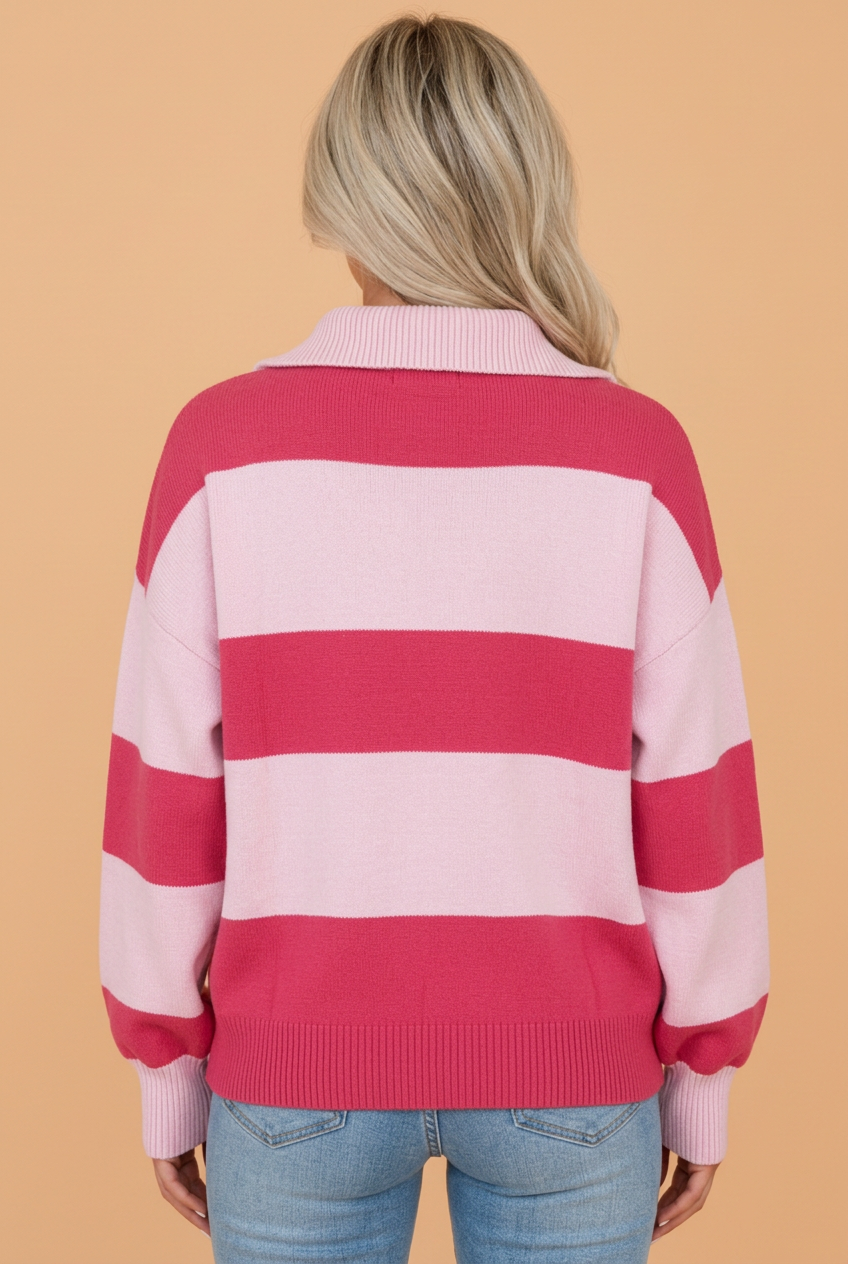 PRETTY BASH Stripe Colorblock Drop Shoulder Quarter-Zip Sweater