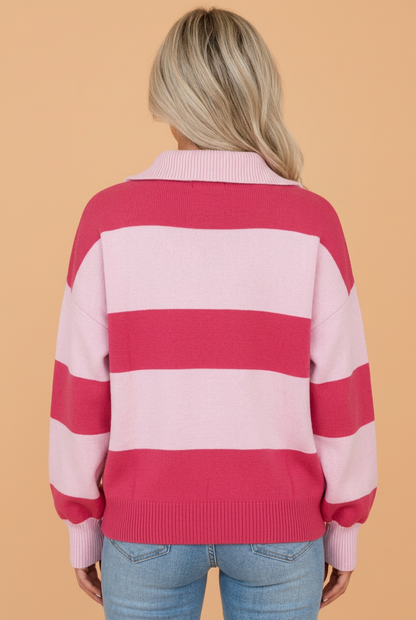 PRETTY BASH Stripe Colorblock Drop Shoulder Quarter-Zip Sweater