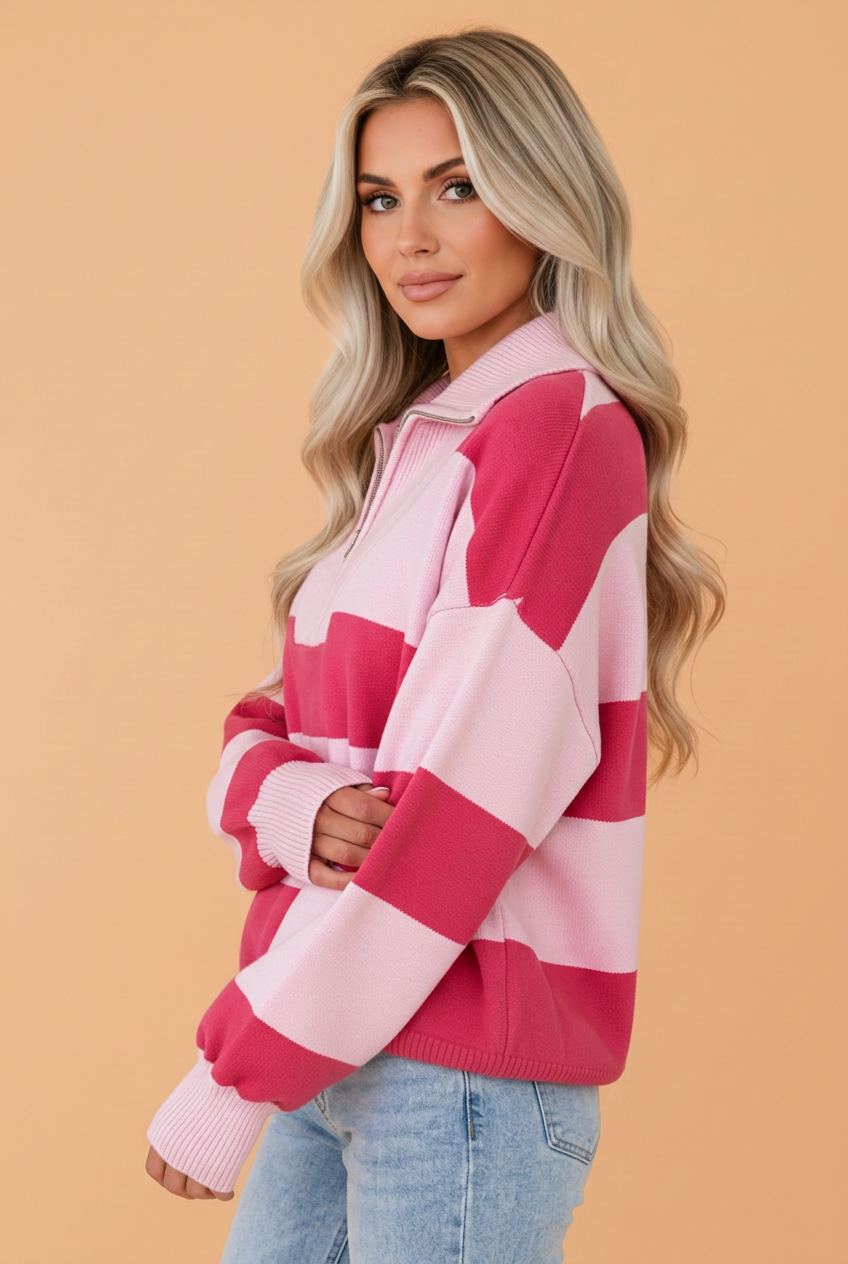 PRETTY BASH Stripe Colorblock Drop Shoulder Quarter-Zip Sweater