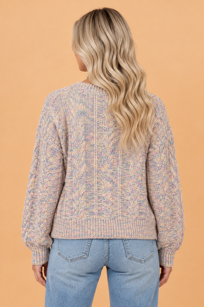 Cable Knit Ribbed Trim Round Neck Sweater