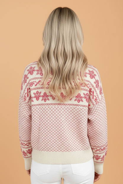 Fair Isle Half Buttoned Ribbed Trim Sweater