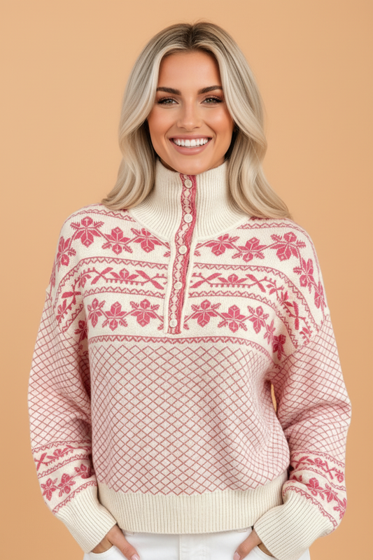 Fair Isle Half Buttoned Ribbed Trim Sweater