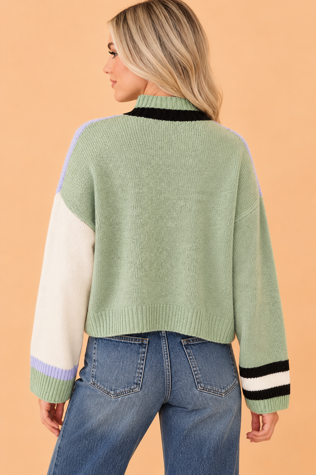 PRETTY BASH Colorblock Mock Neck Loose Long Sleeve Sweater