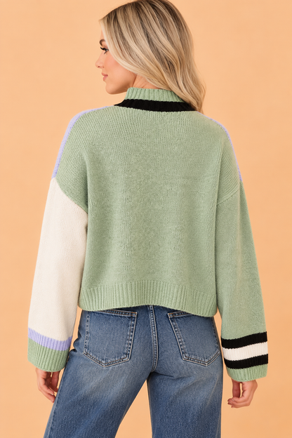 PRETTY BASH Colorblock Mock Neck Loose Long Sleeve Sweater