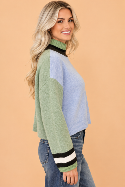 PRETTY BASH Colorblock Mock Neck Loose Long Sleeve Sweater