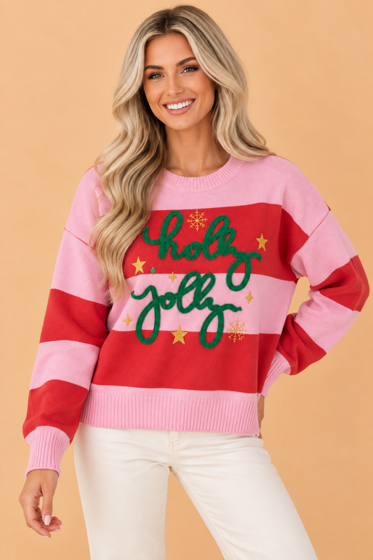 Christmas Holly Jolly Embroidered Stripe Sweater