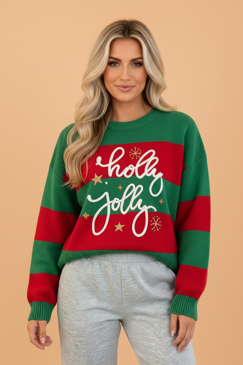 PRETTY BASH Christmas Stripe Holly Jolly Embroidered Sweater