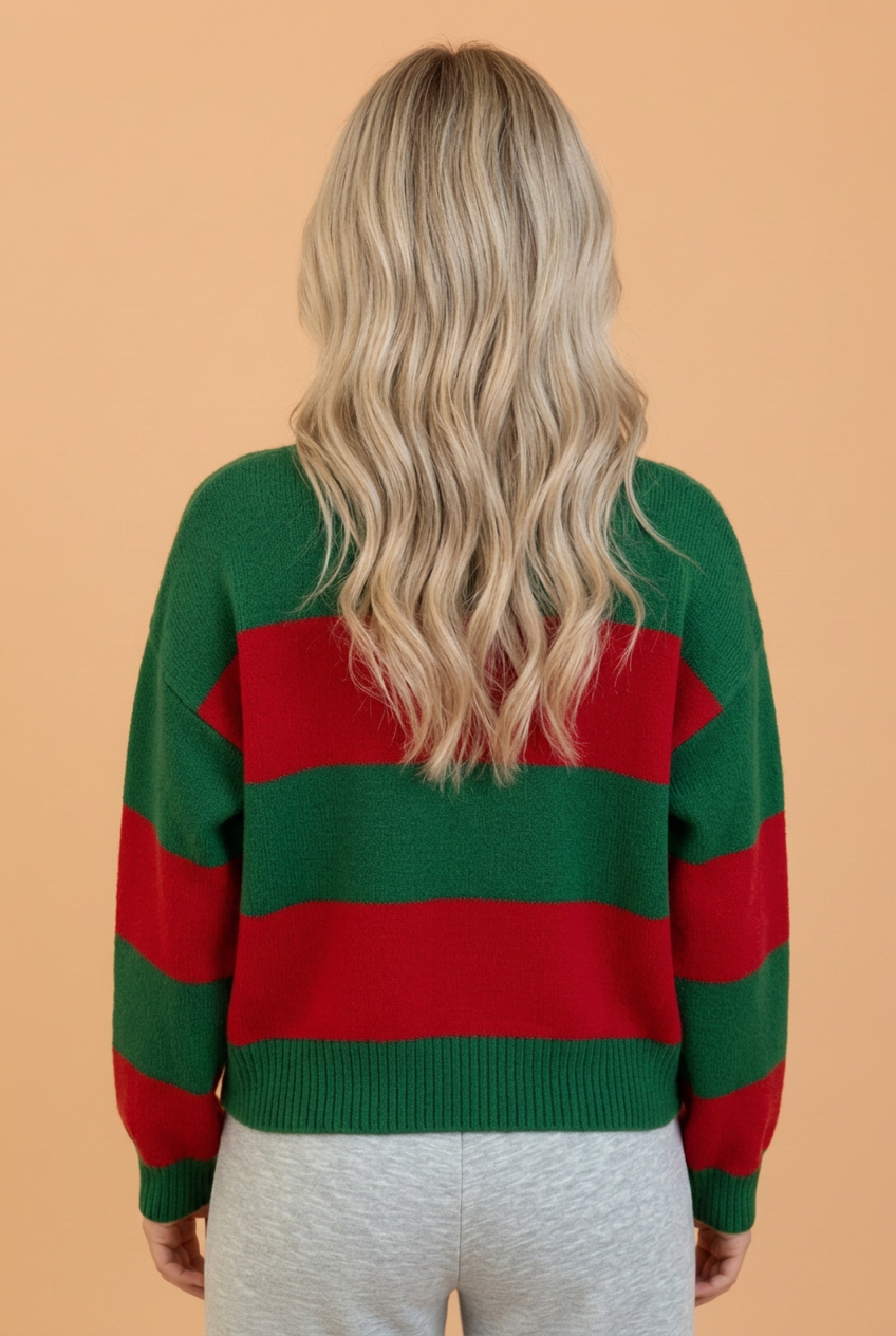 PRETTY BASH Christmas Stripe Holly Jolly Embroidered Sweater