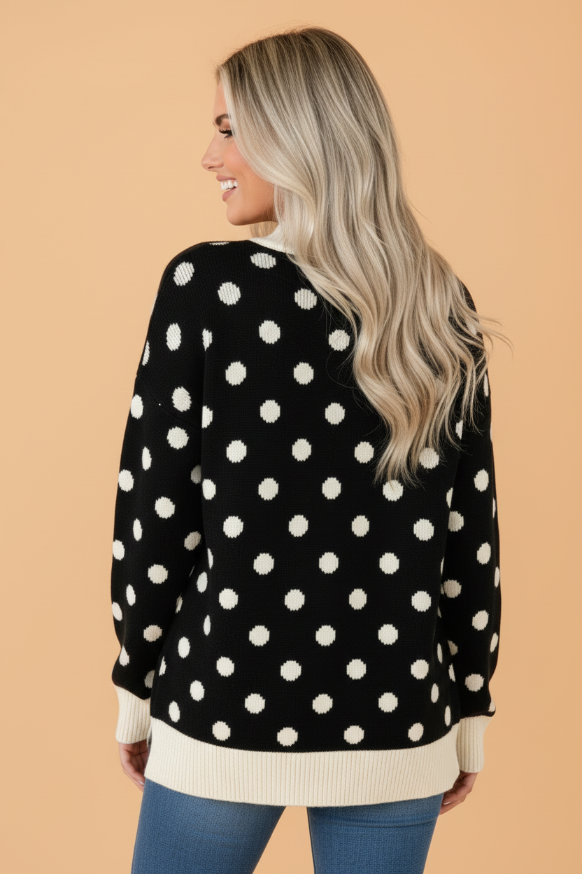 PRETTY BASH Polka Dot Colorblock Ribbed Trim Tunic Sweater