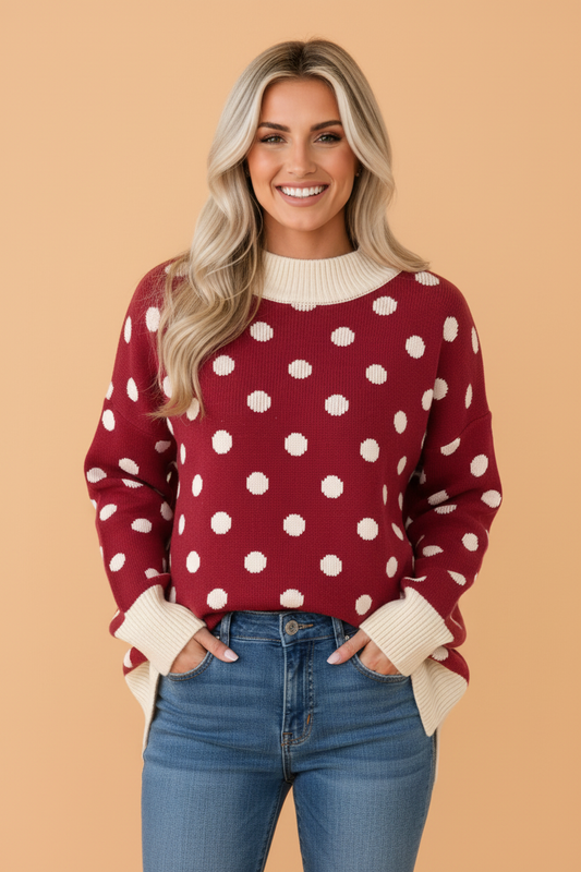 PRETTY BASH Polka Dot Colorblock Ribbed Trim Tunic Sweater