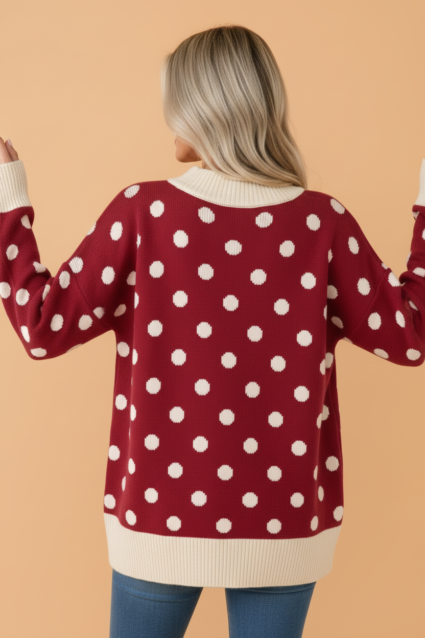 PRETTY BASH Polka Dot Colorblock Ribbed Trim Tunic Sweater