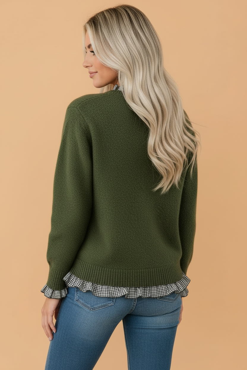 PRETTY BASH Gingham Ruffle Contrast Trim Pullover Sweater