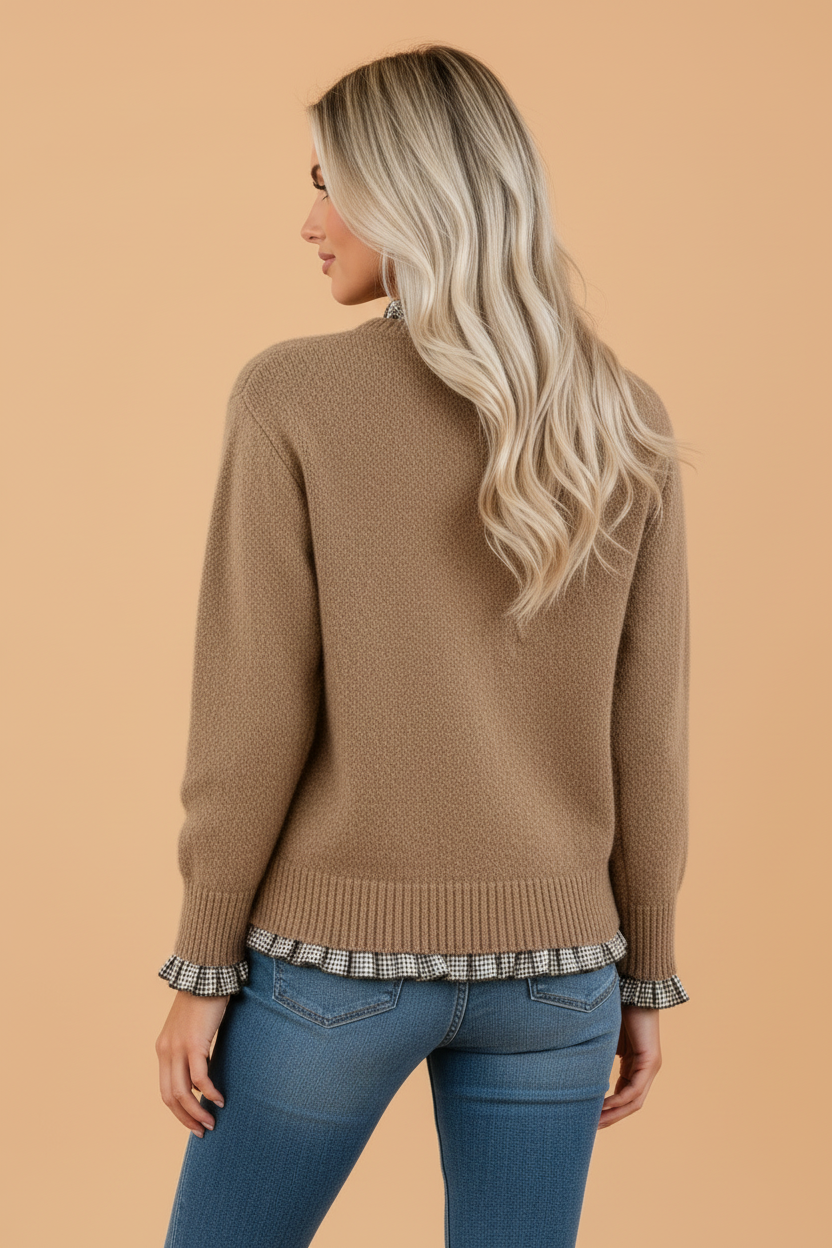 PRETTY BASH Gingham Ruffle Contrast Trim Pullover Sweater