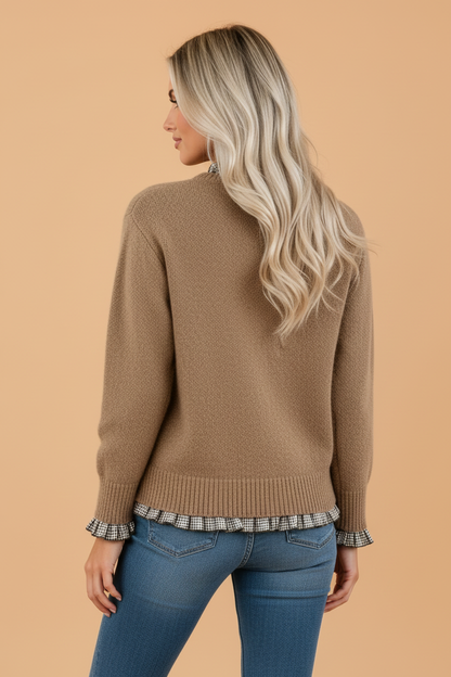PRETTY BASH Gingham Ruffle Contrast Trim Pullover Sweater