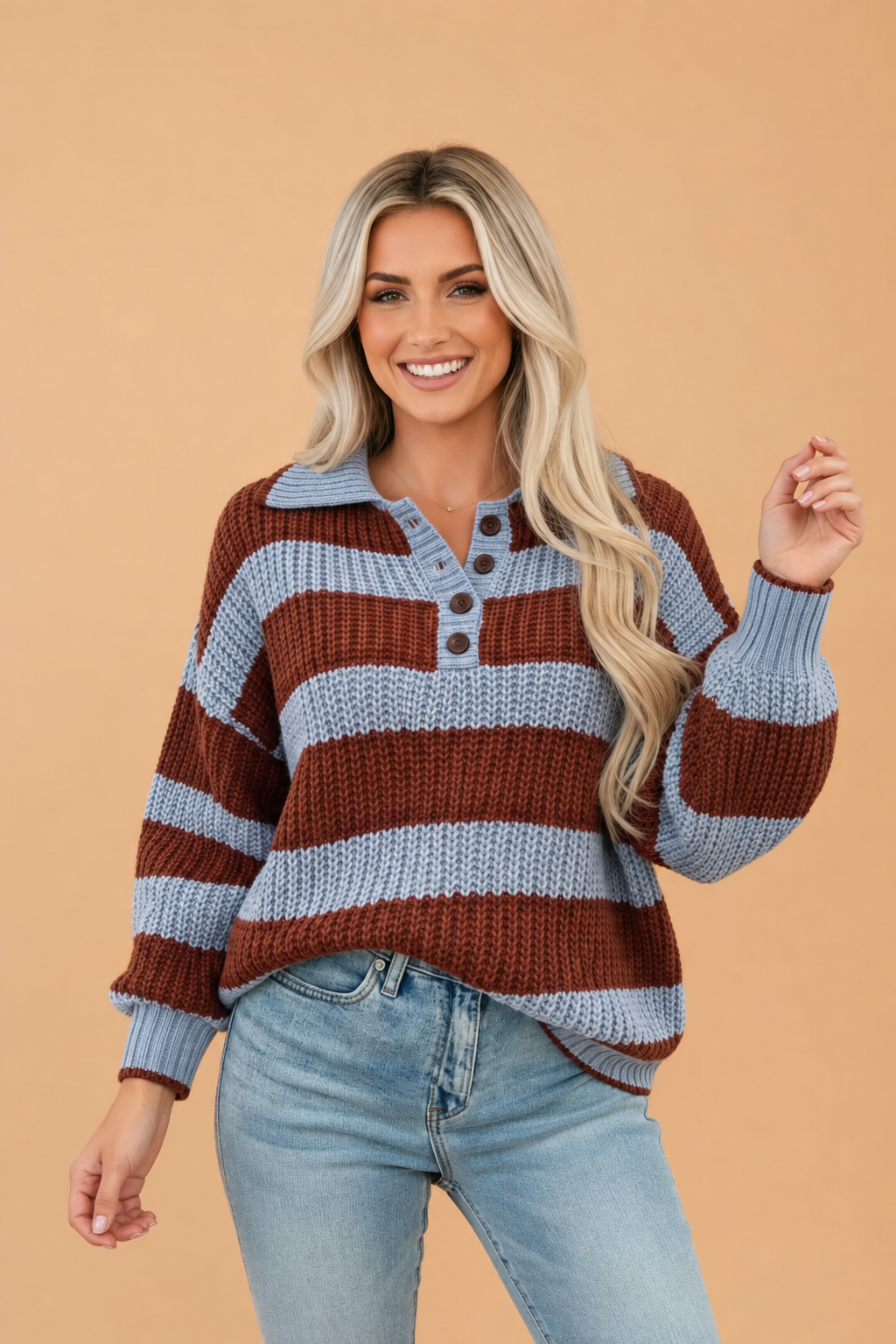 PRETTY BASH Stripe Button Collar Drop Shoulder Pullover Sweater