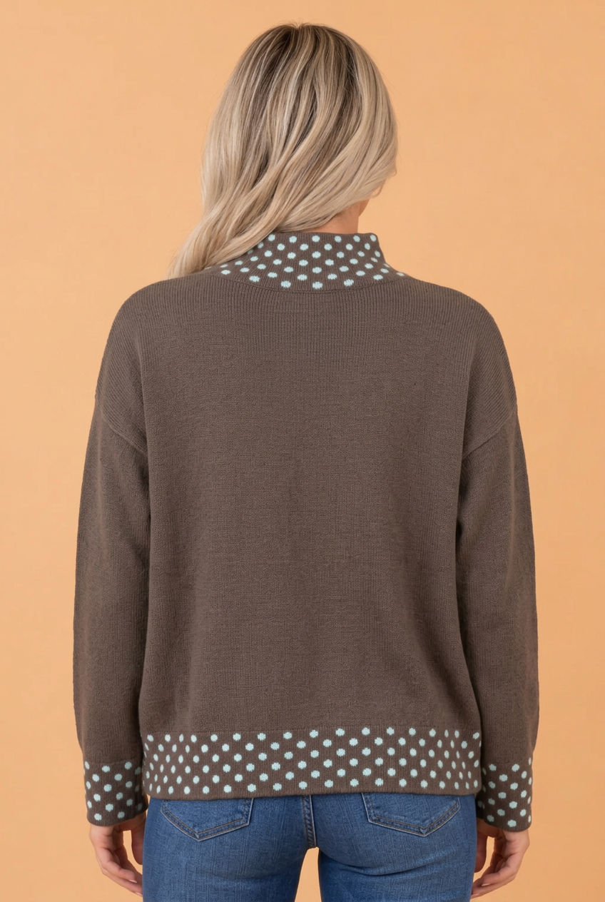 PRETTY BASH Polka Dot Contrast Mock Neck Sweater